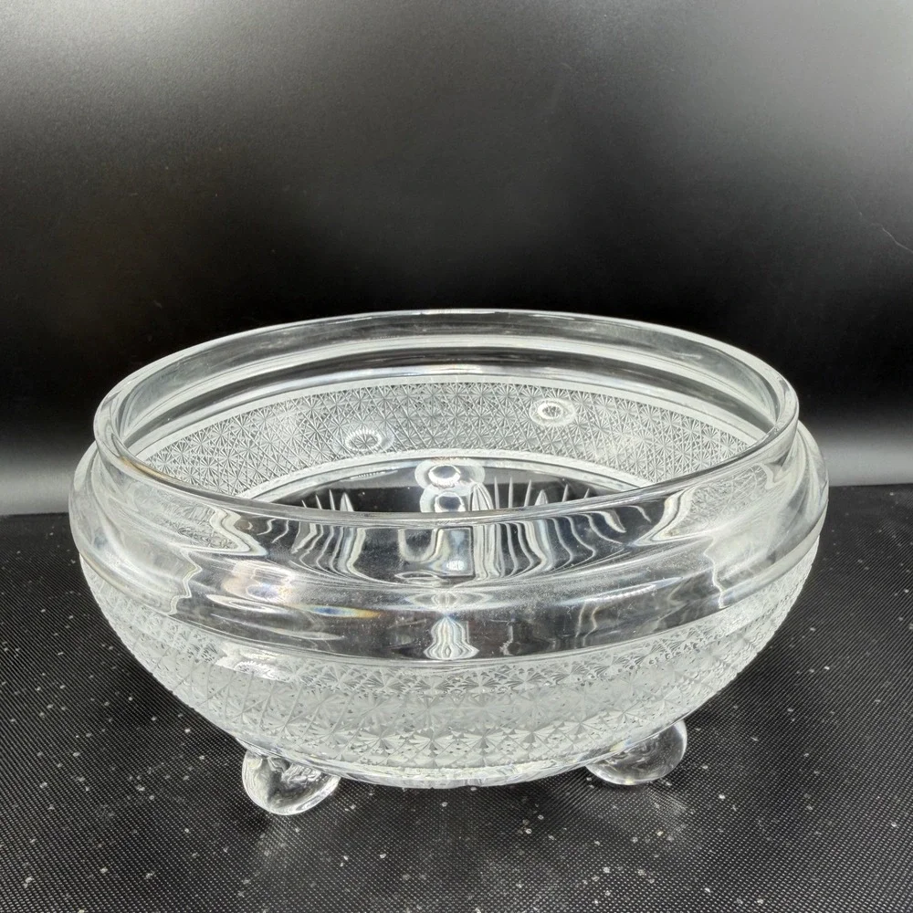 Signed Heavy Clear Crystal‎ Footed Bowl Etched Starburst Pattern Vintage Decor